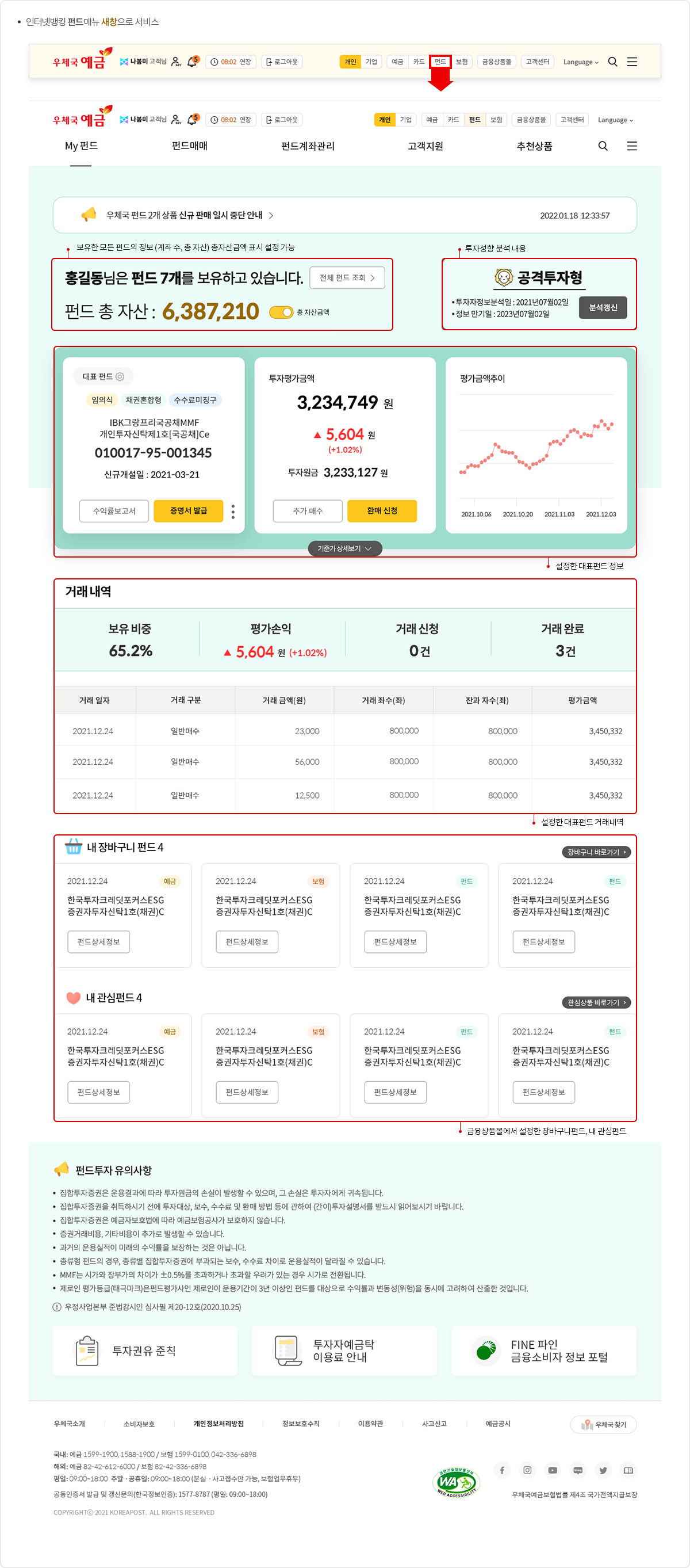 인터넷뱅킹 펀드메뉴 새창으로 서비스(메뉴, 투자자정보, 투자자보호정보, 공지사항 화면 표시)